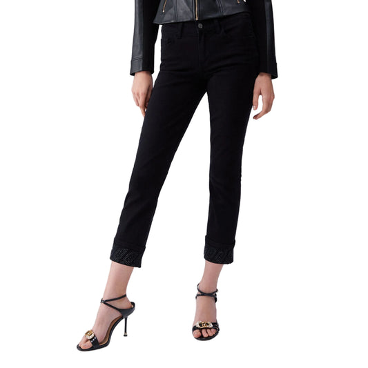 Pantaloni skinny Donna con risvolto e strass Nero modella frontale