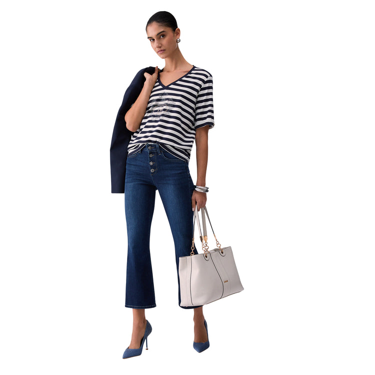 Jeans bootcut a vita alta con bottoni gioiello