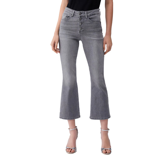 Jeans bootcut Donna a vita alta denim grigio modella frontale