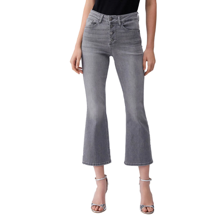 Jeans bootcut Donna a vita alta denim grigio modella frontale