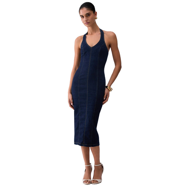 Abito midi Donna in denim con zip modella frontale