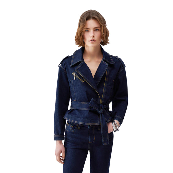 Giubbino Donna in denim con cintura modella frontale