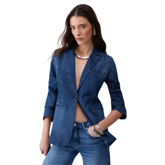 Blazer Donna in denim con strass modella frontale
