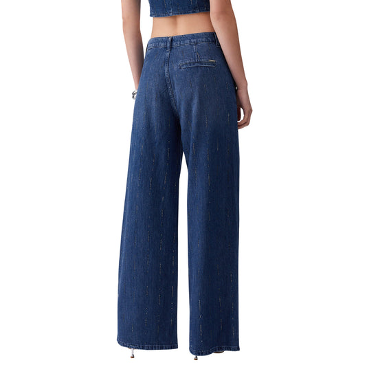 Jeans Donna a gamba larga con strass modella retro