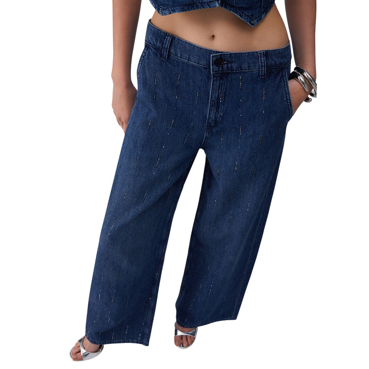 Jeans Donna a gamba larga con strass modella