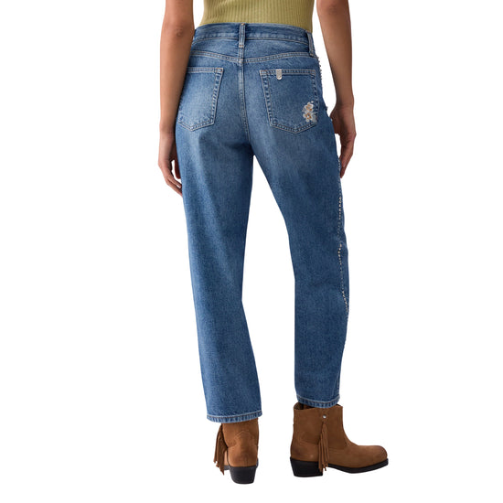 Jeans Donna con ricami floreali modella retro
