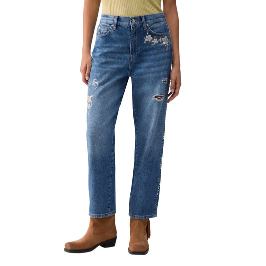 Jeans Donna con ricami floreali modella frontale