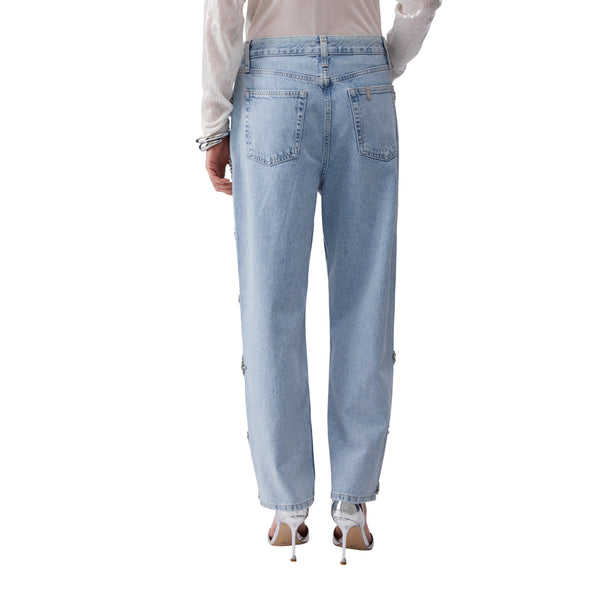 Jeans Donna denim chiaro con ricami gioiello modella retro
