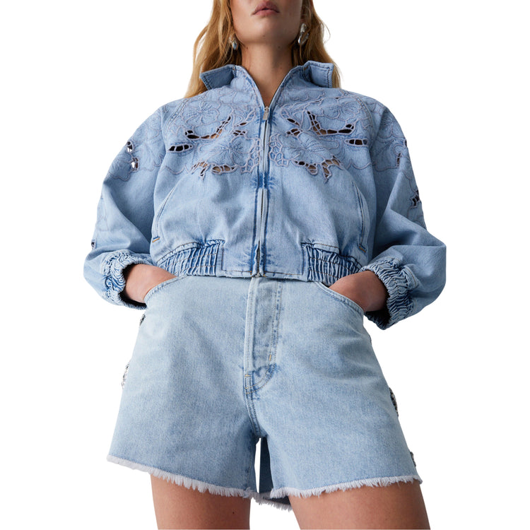 Shorts Donna in denim con gioielli laterali 