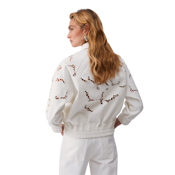 Giubbino bomber Donna con ricamo traforato Bianco modella retro