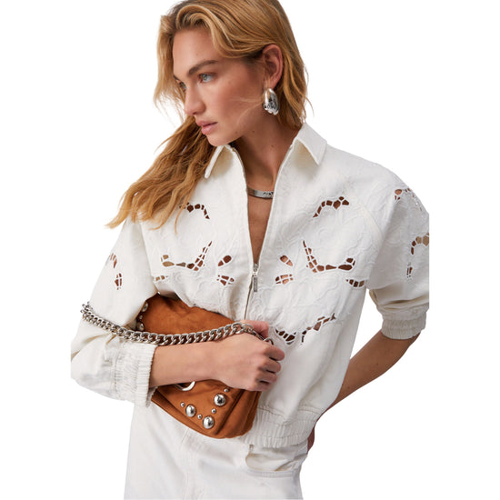 Giubbino bomber Donna con ricamo traforato Bianco modella frontale ravicinata