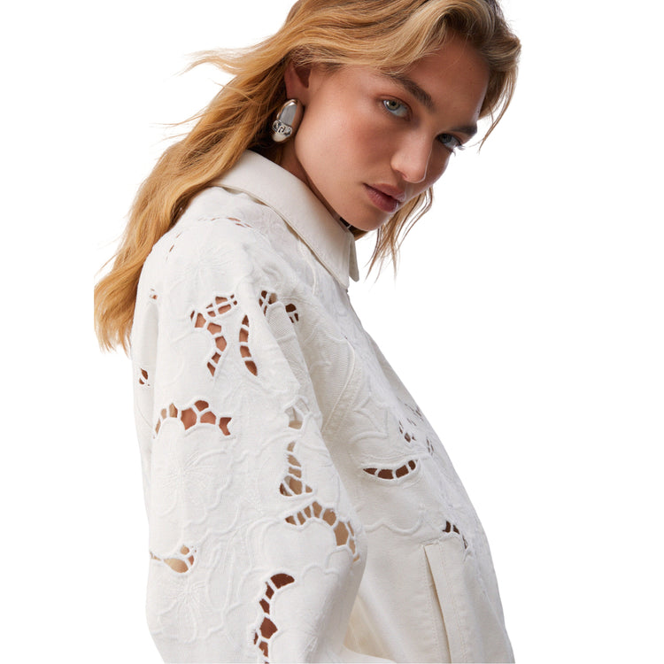 Giubbino bomber Donna con ricamo traforato Bianco dettaglio laterale