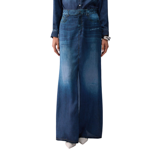 Gonna lunga Donna con stampa denim digital modella frontale