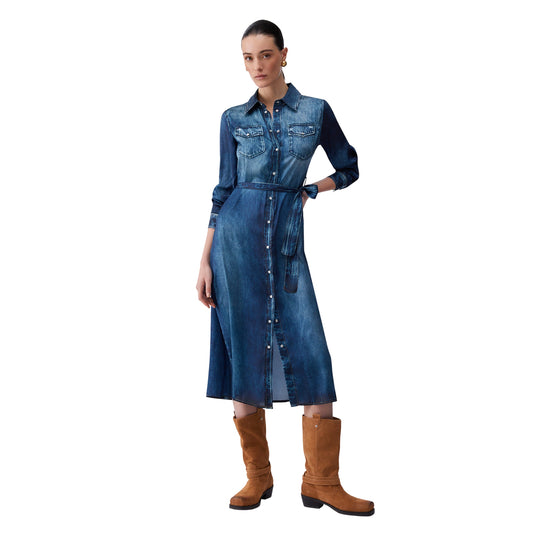 Abito lungo Donna in denim con cintura modella intera frontale