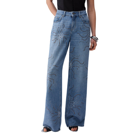 Jeans straight con strass in denim blu chiaro