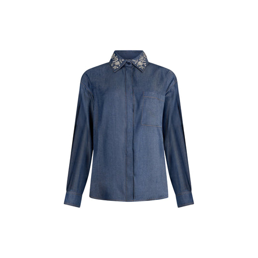 Camicia in denim con colletto di gioielli removibile in denim