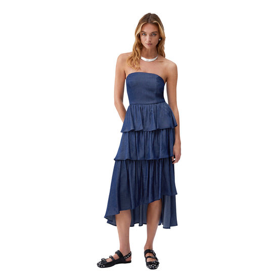 Abito Donna asimmetrico con balze modella frontale