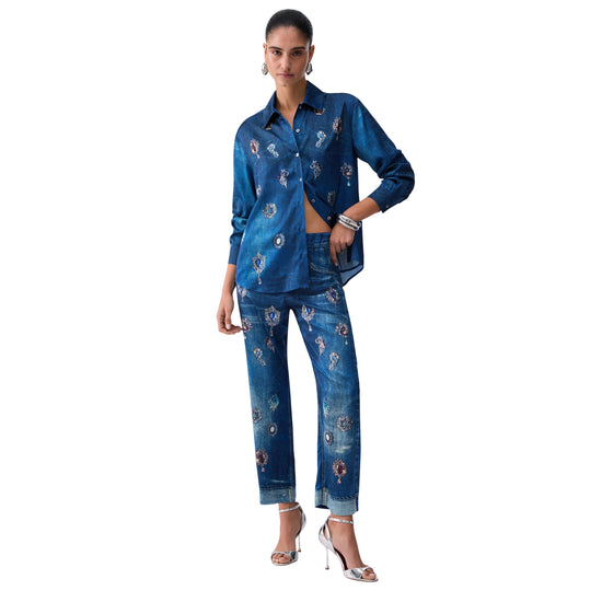 Jeans straight con stampa digitale e risvolto da donna