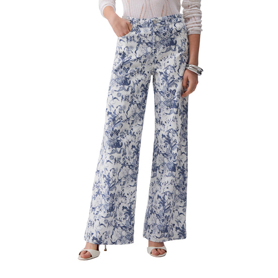 Pantaloni con stampa a fiori in azzurro e bianco