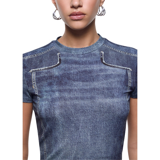 T-shirt Donna cropped effetto denim dettaglio