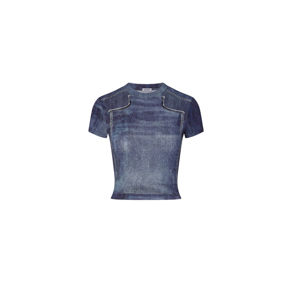 T-shirt Donna cropped effetto denim