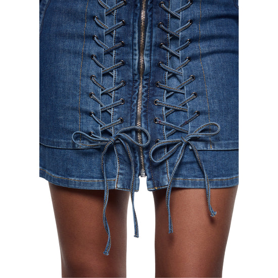 Abito corto Donna in denim con stringhe dettaglio fondo