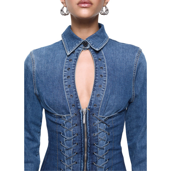 Abito corto Donna in denim con stringhe dettaglio frontale