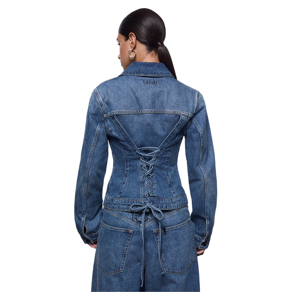 Giacca Donna in denim con stringhe sul retro modella retro