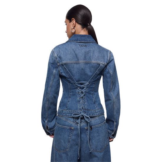 Giacca Donna in denim con stringhe sul retro modella retro
