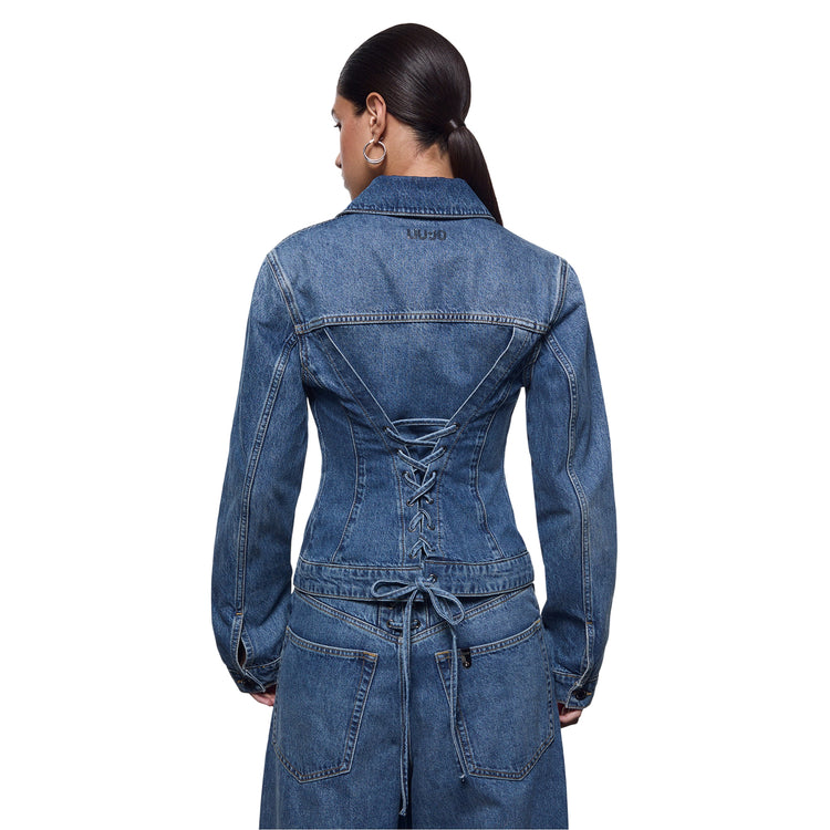 Giacca Donna in denim con stringhe sul retro modella retro