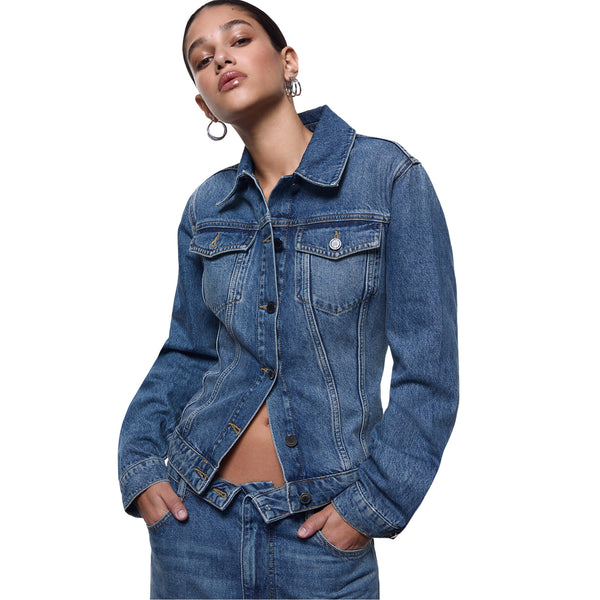 Giacca Donna in denim con stringhe sul retro modella frontale