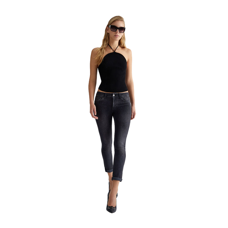 modella intera frontale Jeans skinny Donna con strass dettaglio ravvicinato 