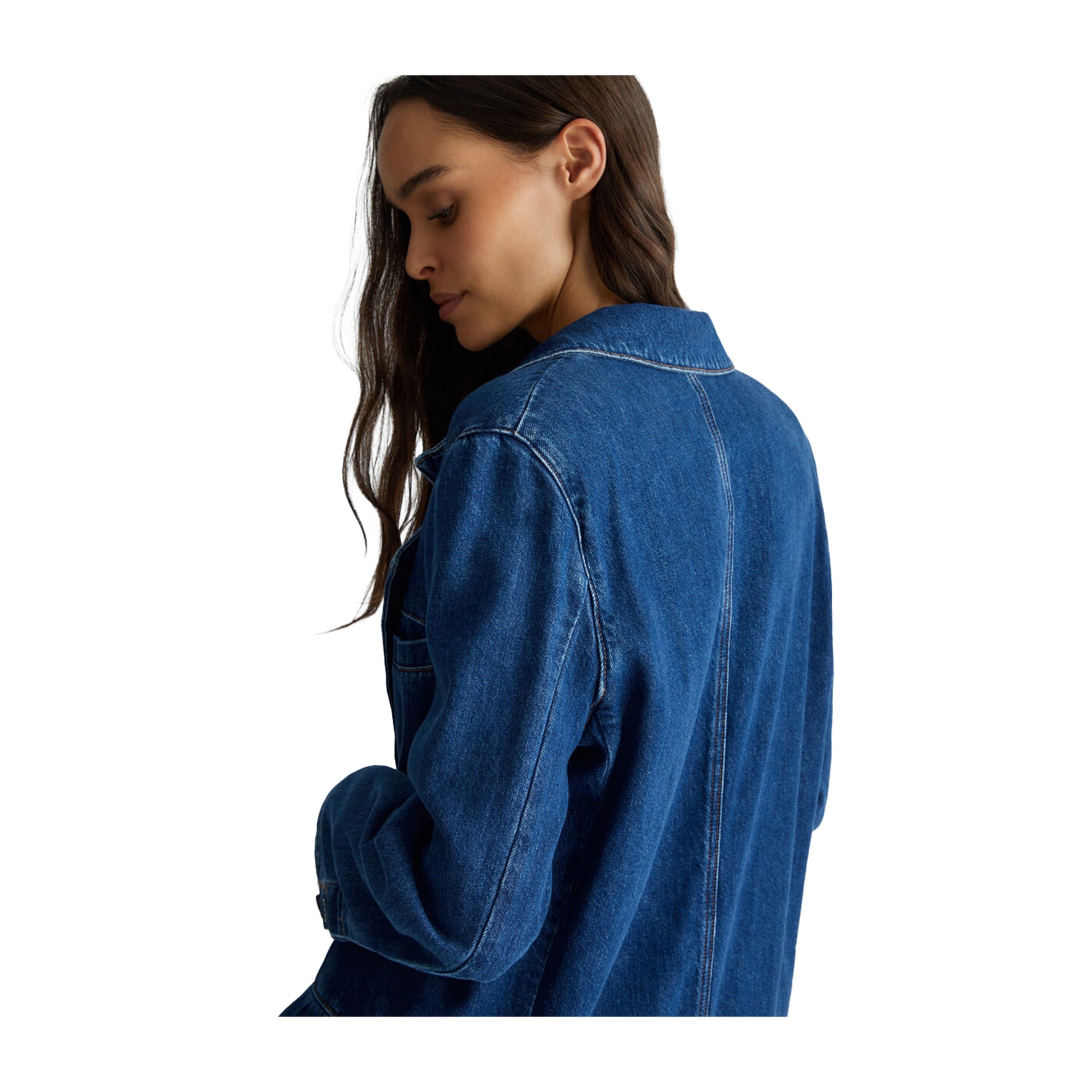 Cappotto lungo Donna in Denim modella ravvicinata retro