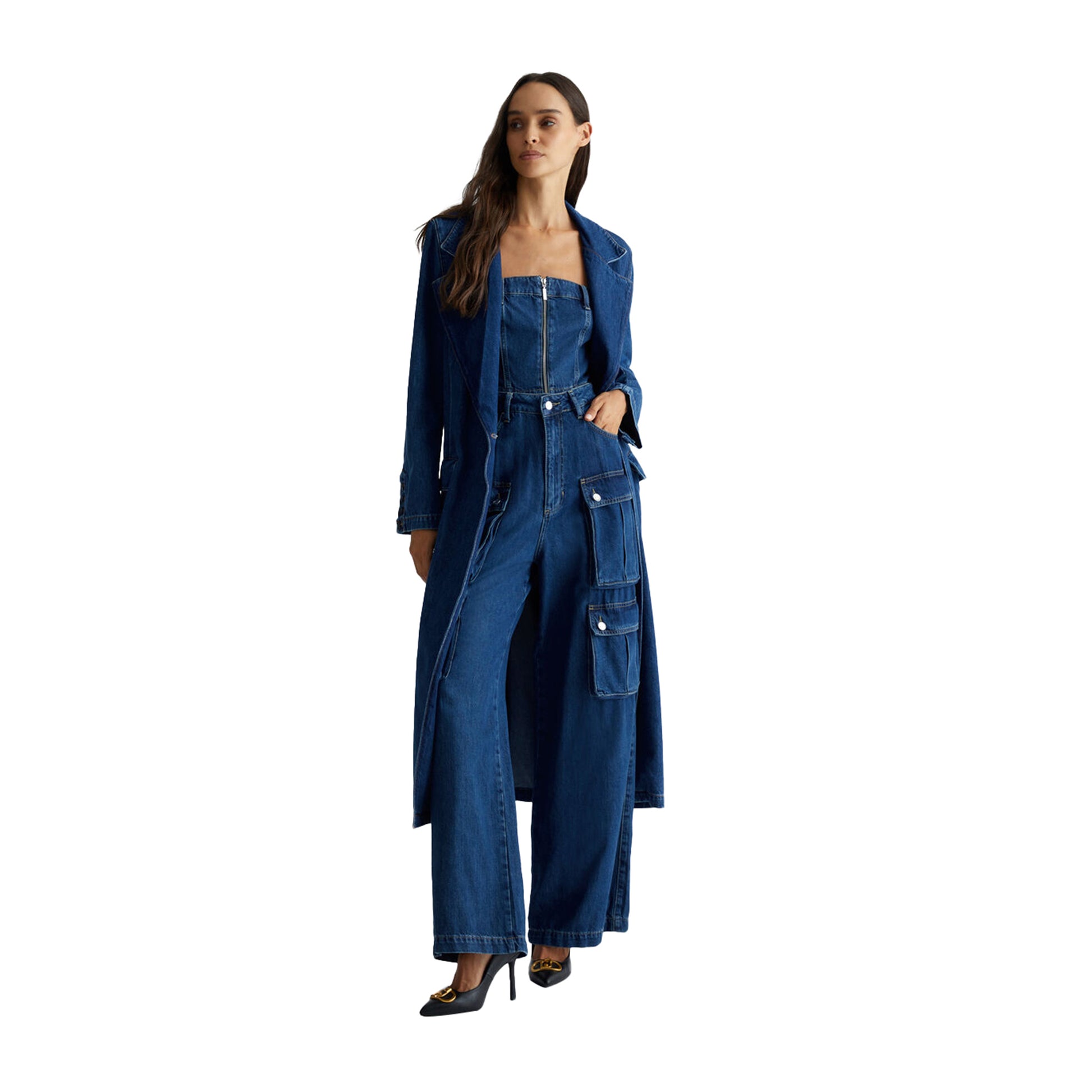 Cappotto lungo Donna in Denim modella intera frontale