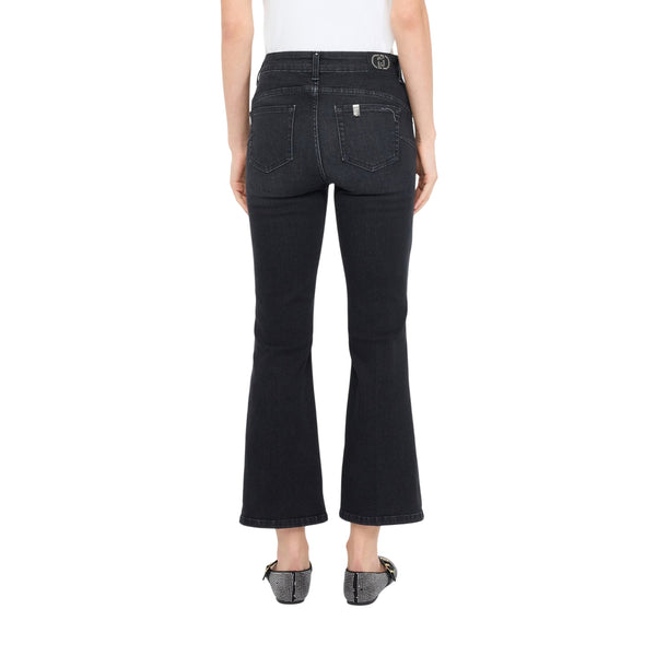 Jeans Donna flare cropped con strass Nero modella retro