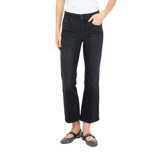 Jeans Donna flare cropped con strass Nero modella frontale