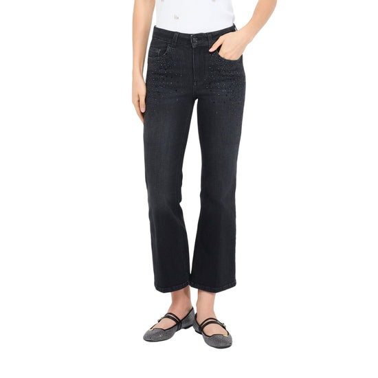 Jeans Donna flare cropped con strass Nero modella frontale