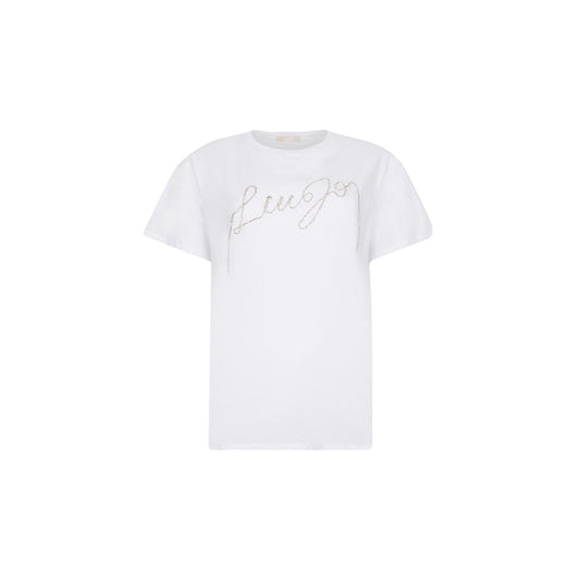 T-shirt Donna Bianco con logo in filo strass
