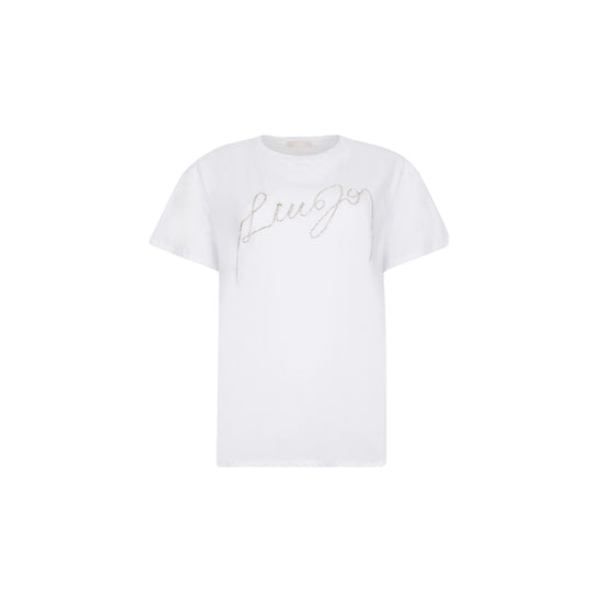 T-shirt Donna Bianco con logo in filo strass