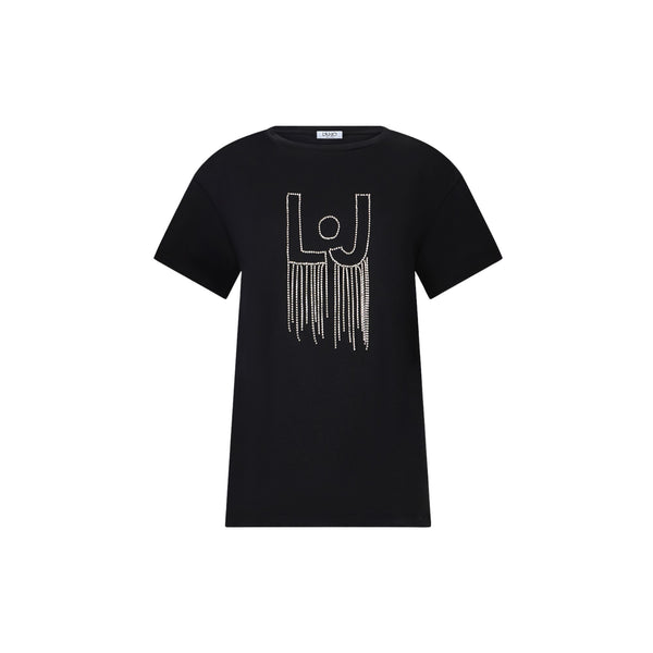 T-shirt Donna Nero con logo con strass pendenti