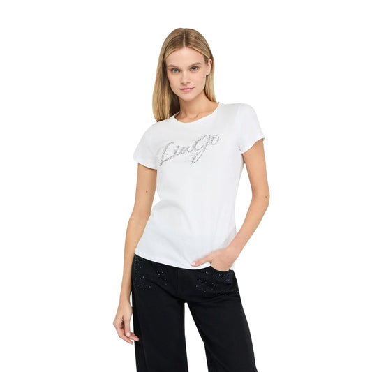 T-shirt Donna Bianco con logo strass modella frontale