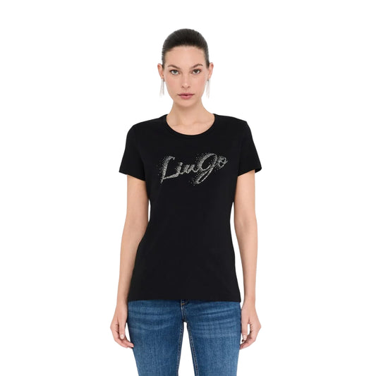 T-shirt Donna Nero con logo strass modella frontale