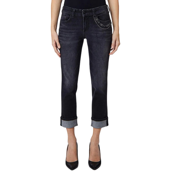 Jeans Donna con catena logata e orlo risvoltato