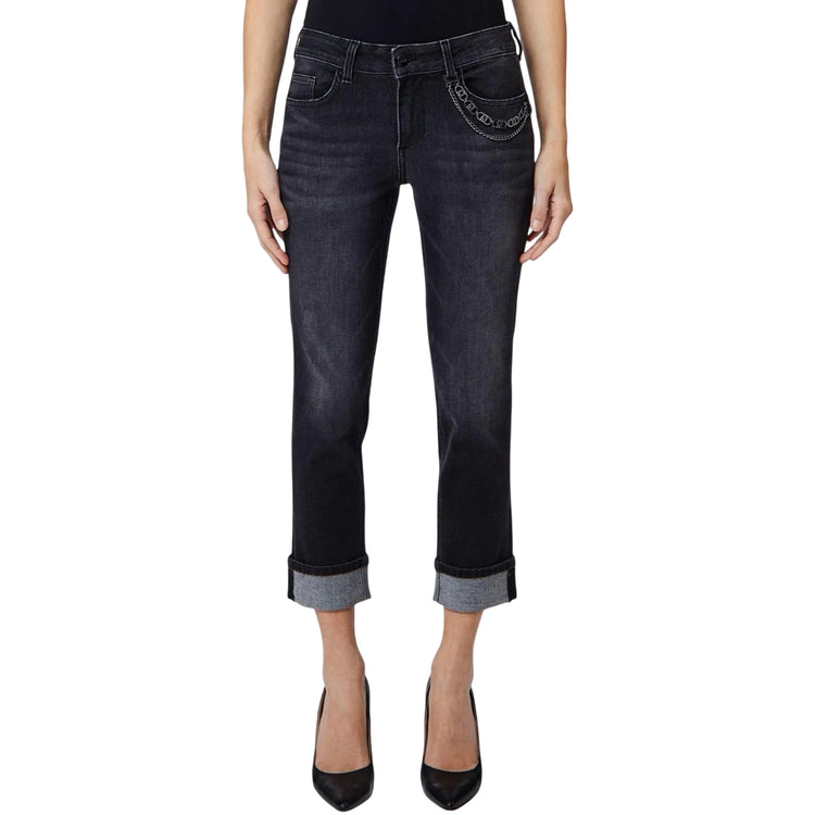 Jeans Donna con catena logata e orlo risvoltato