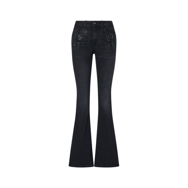 Jeans Bootcut Donna con strass in denim nero