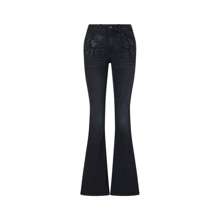 Jeans Bootcut Donna con strass in denim nero