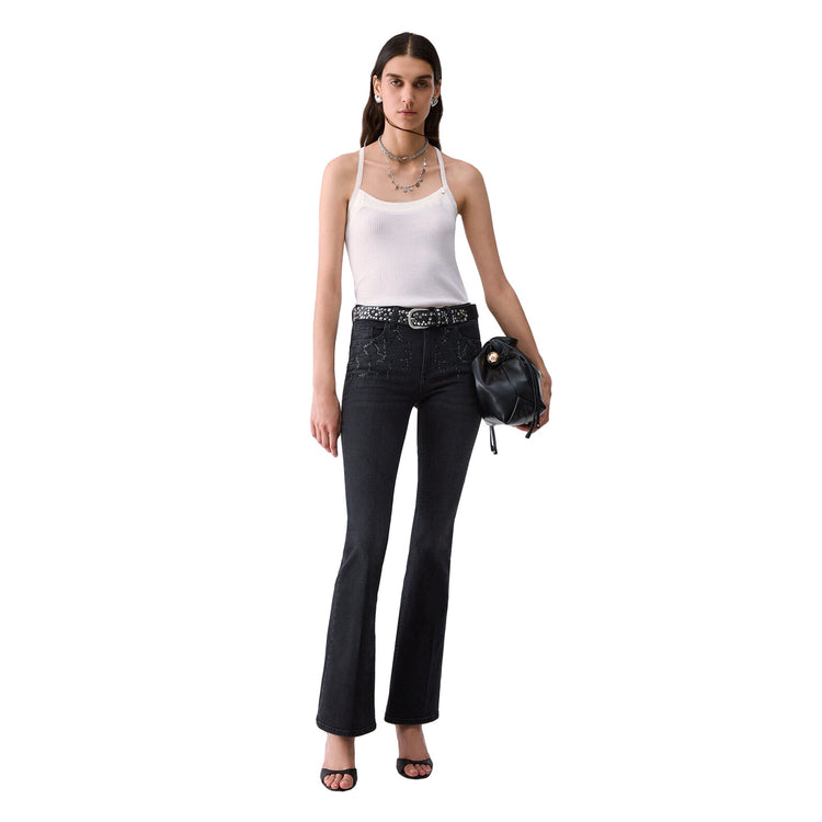 Jeans Bootcut Donna con strass in denim nero moddella intera frontale