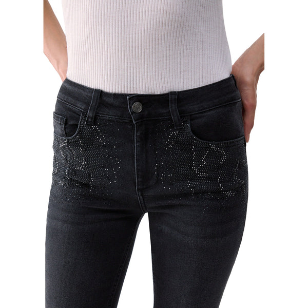 Jeans Bootcut Donna con strass in denim nero dettaglio