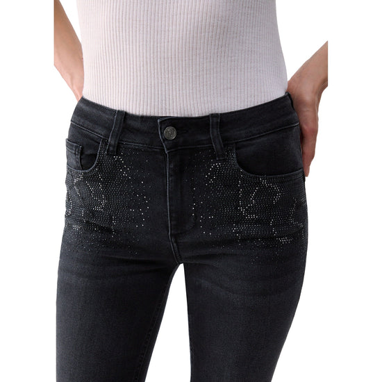 Jeans Bootcut Donna con strass in denim nero dettaglio