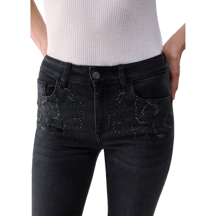 Jeans Bootcut Donna con strass in denim nero dettaglio